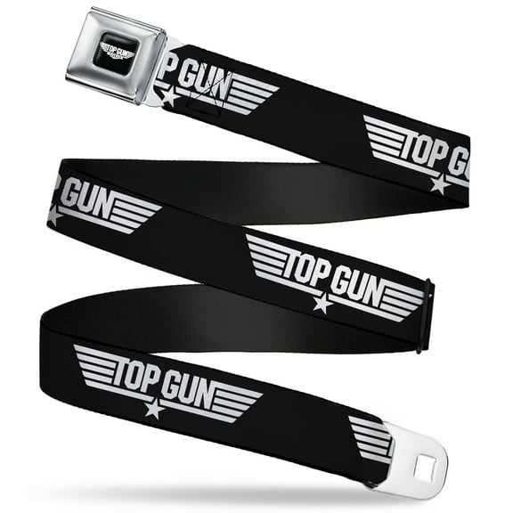 Top Gun Belt, Seatbelt Buckle Belt, Top Gun Title Logo Black White, 30 to 44 Inches