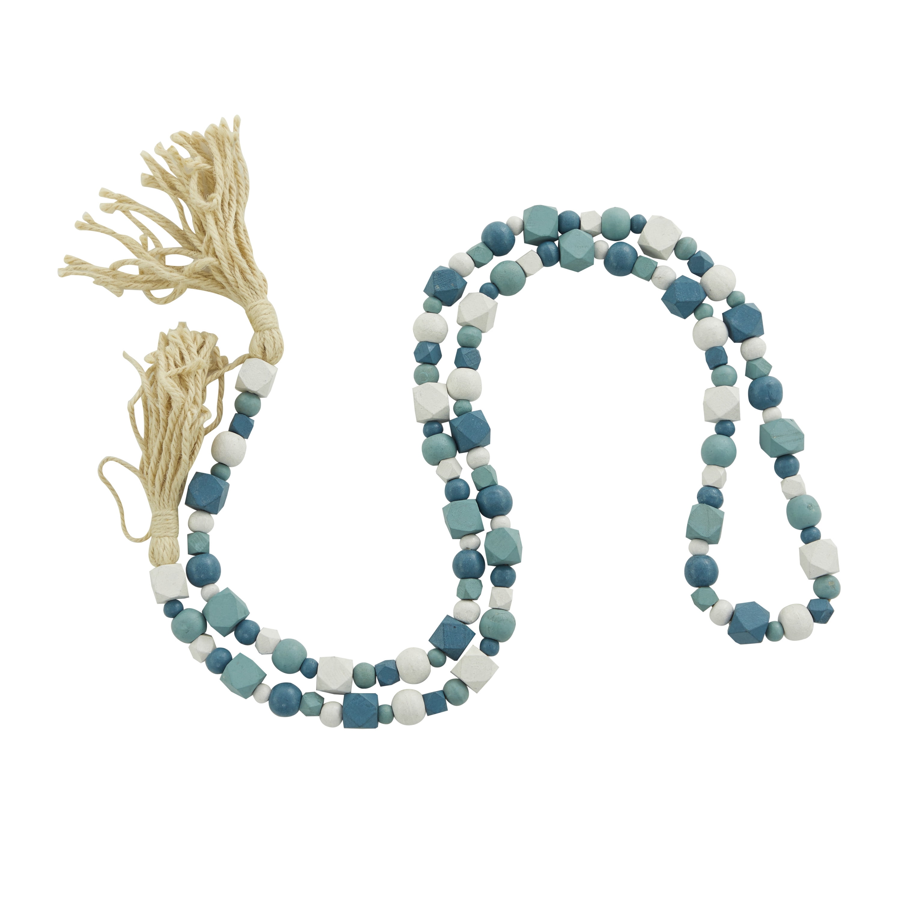 DecMode Blue Wood Bohemian Garland Décor with Geometric Bead Details and Cream Cotton Tassel, 81"L