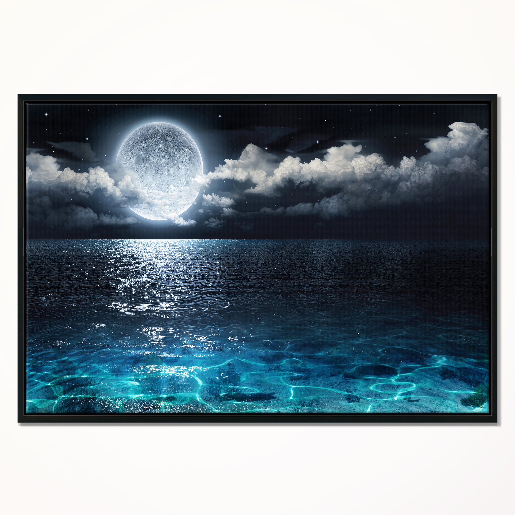 Designart ' Romantic Full Moon Over Sea ' Seascape Framed Canvas Art Print