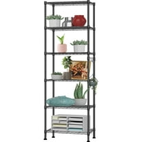 Qhomic 6-Tier Wire Shelving Unit Storage Rack Metal Shelf Organizer with 6 Hooks for Kitchen Bathroom Garage Balcony 21.26" x 11.42" x 62.99", Black