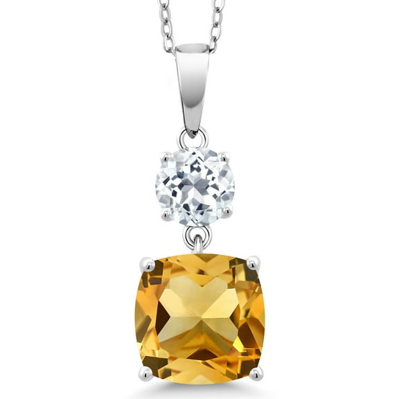 Gem Stone King 4.50 Cttw Yellow Citrine and White Topaz Pendant Necklace for Women | 925 Sterling Silver | Gemstone November Birthstone | Cushion 10MM and Round 6MM