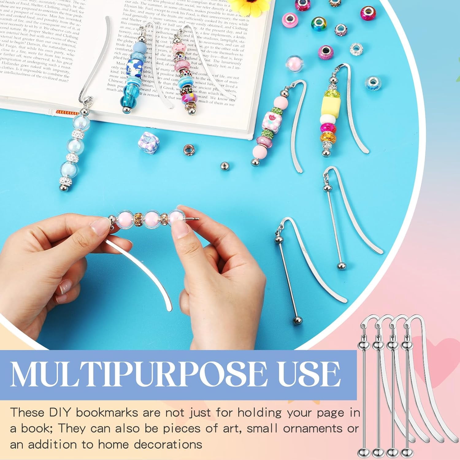 ABPETE 20 Pcs Beadable Bookmarks DIY Metal Blank Bar Bookmark for Beads Modern Bead Craft Jewelry Pendant Charm Gift for Book Lovers Student Teacher Office Supplies(Silver)