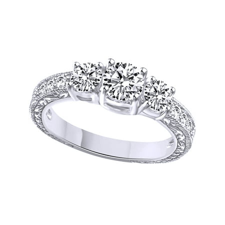 Tiffany Style Zirconia Ring White Cubic Zirconia Vintage Style Three Stone Anniversary Ring In 14k White Gold Over Sterling Silver ()