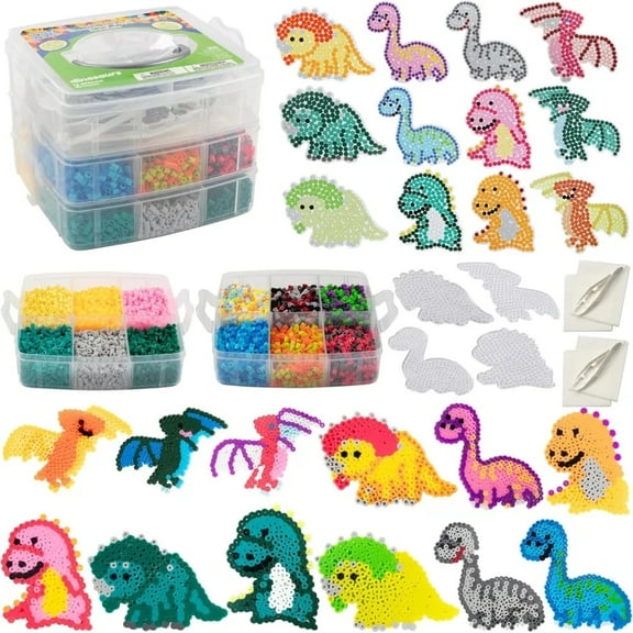 8,000 pc Dinosaur Fuse Beads w Carrier Case- 22 Colors, 12 Unique Templates, 3 Peg Boards, 2 Tweezers, Melt Iron Paper- Dino Bulk Art Craft School Project, Kids Birthday Party Gift, School Activity