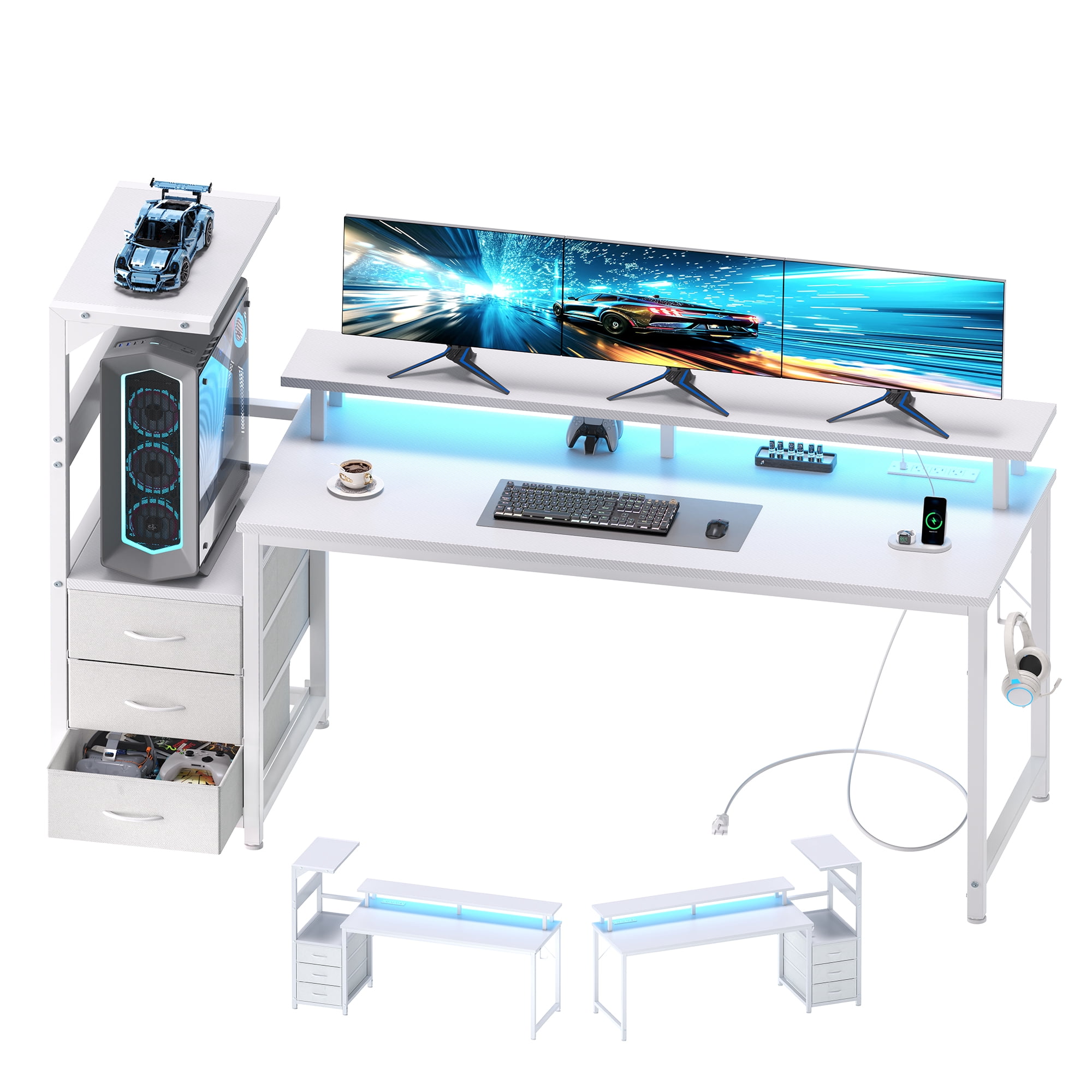 CONCETTTA Gaming Desk, 59 Inches, With Shelf Storage Drawers, White Computer Desk With Led Lights And Power Sockets, Office Wooden Desk With Pc Stand And Cable Management