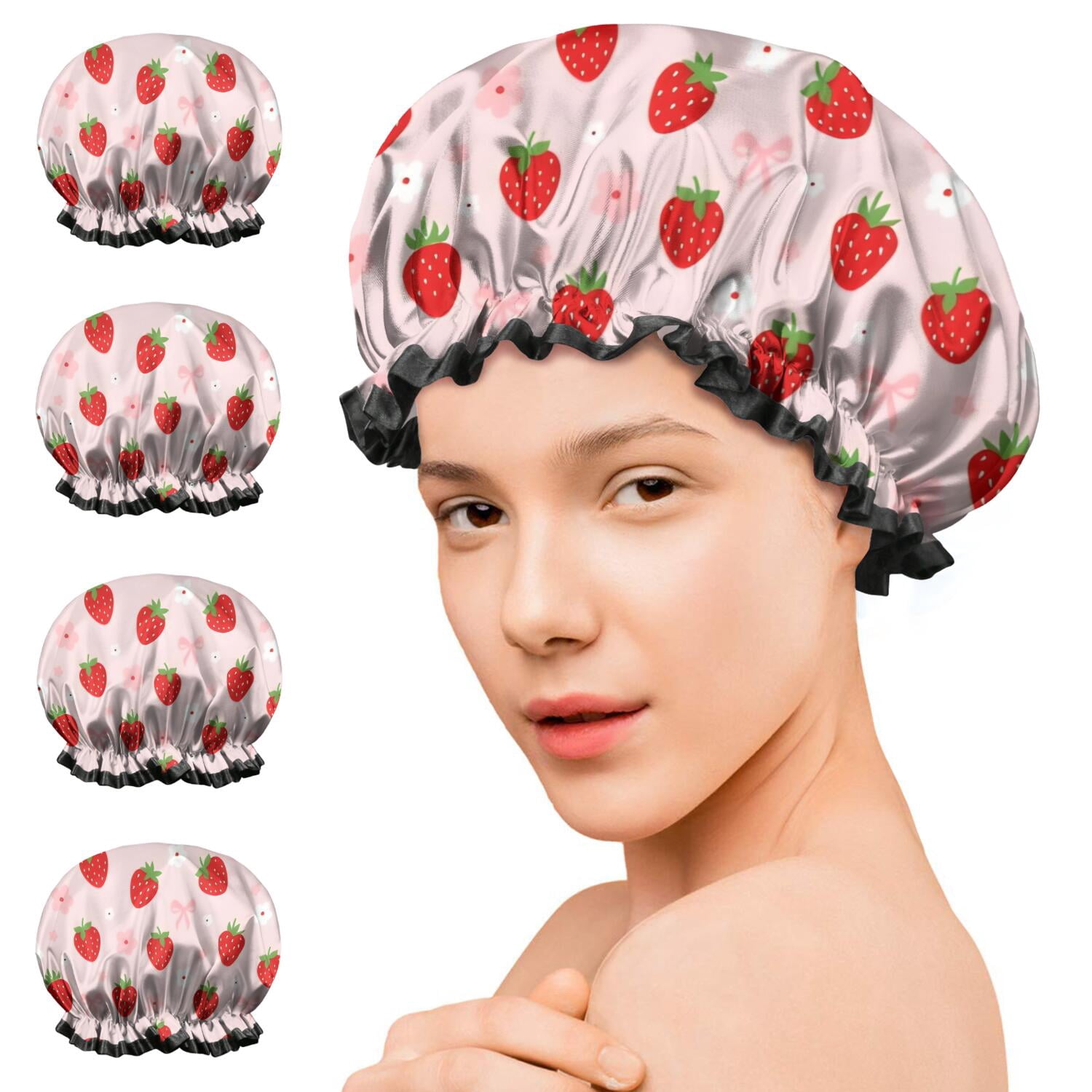 Shower Caps,Strawberry Plants Fruit Flower Bow Waterproof Shower Cap for Women 4 Pieces,Double Reusable Hair Cover for Shower PEVA Elastic Stretch Hem