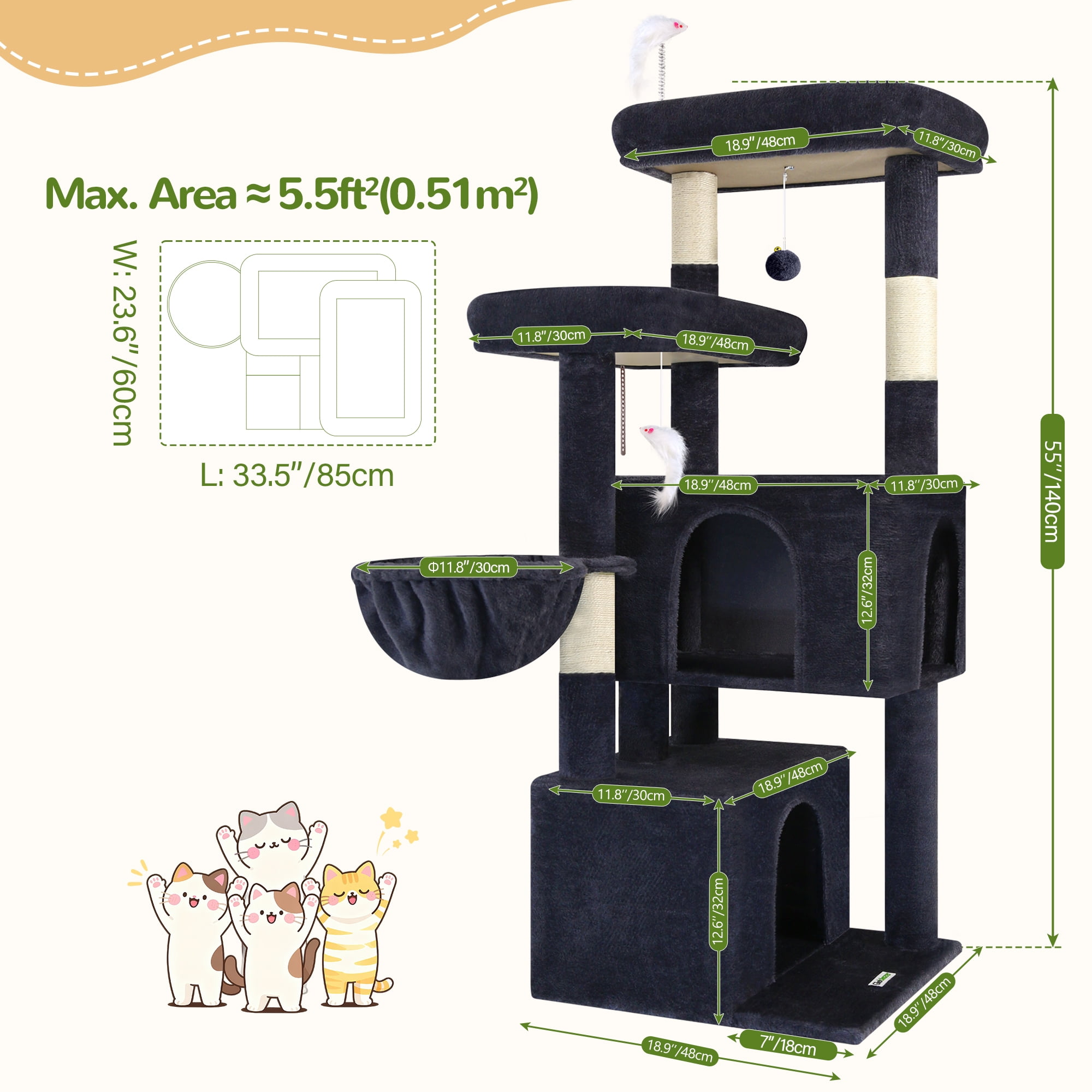 Cat Tree Tower with Scratching Post, 55" Plush Multi-Level Condo with 2 Caves & Basket, Dark Gray