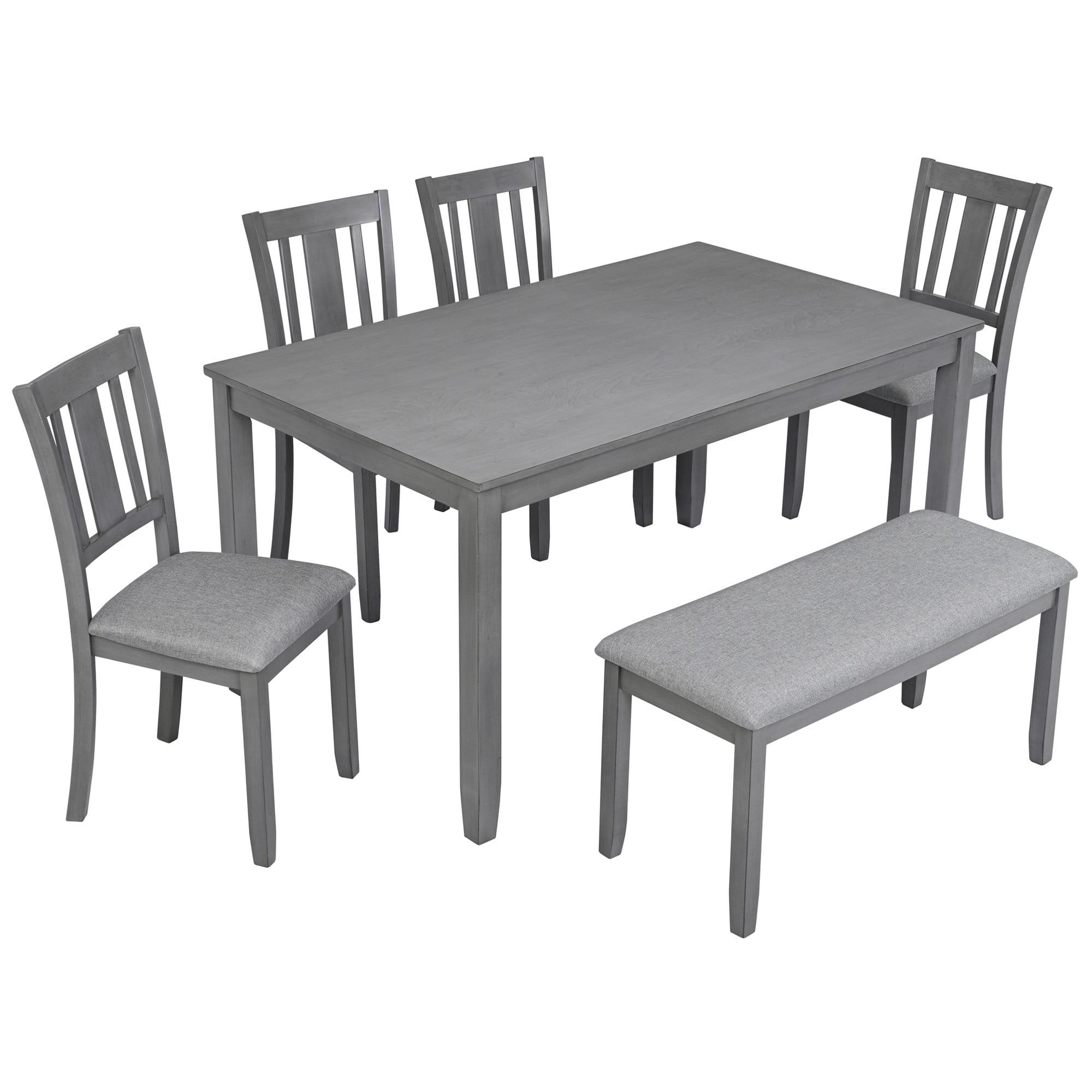 BSHTI 58.5" Acacia Wood & MDF 6-Piece Dining Table Set with Slatted Back Upholstered Chairs and Bench for Kitchen Dining Room(Gray)