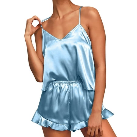 

XIAOFFENN Pajama Pants Women s Casual Print Colorblock Frill Hem Set Housewear Lightweight Suspender Vest Suit 10 Blue