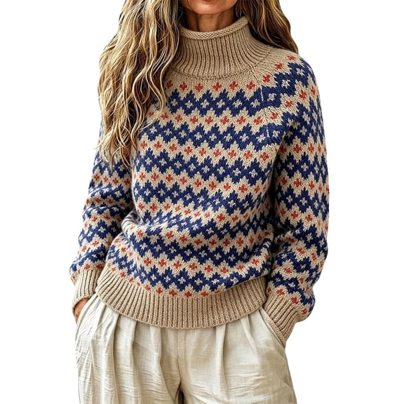 Fair Isle Sweater Women Crewneck Vintage Pullover Cable Knit Top, XL