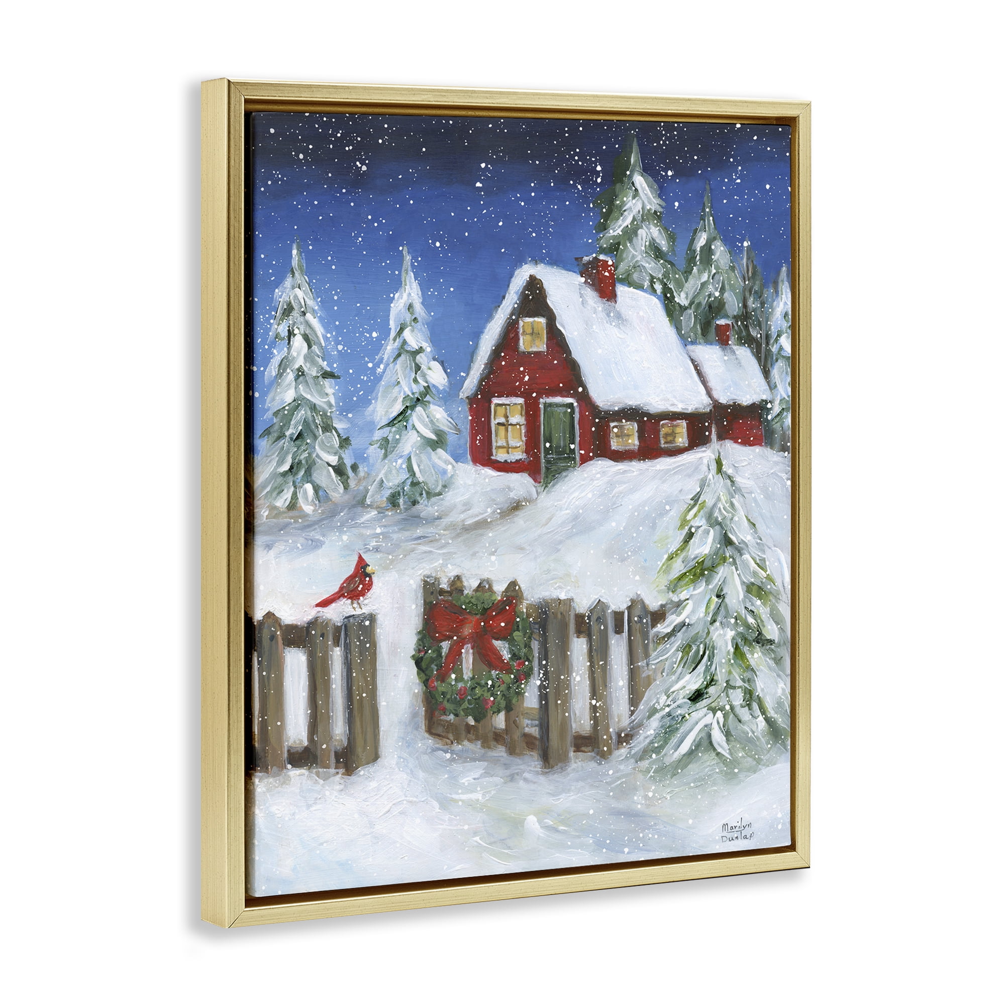 Stupell Industries Traditional Winter Scene Holiday Painting Gold Floater Framed Canvas Art Prints Wall Art, 17 x 21