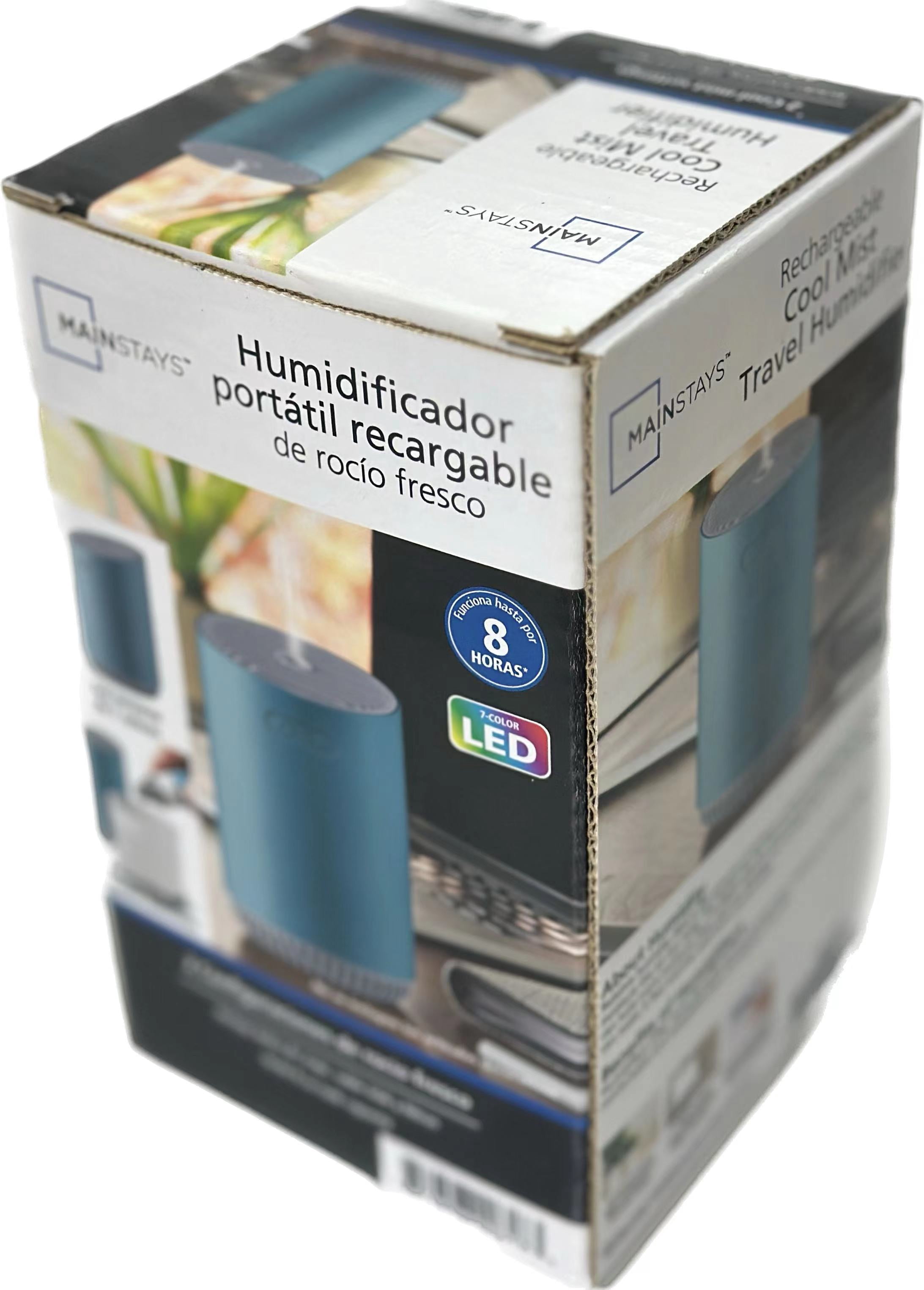Mainstays Rechargeable Cool Mist Travel Humidifier 320 ml with 7-color LED Lights, MHD-02AQU, Aqua Haze