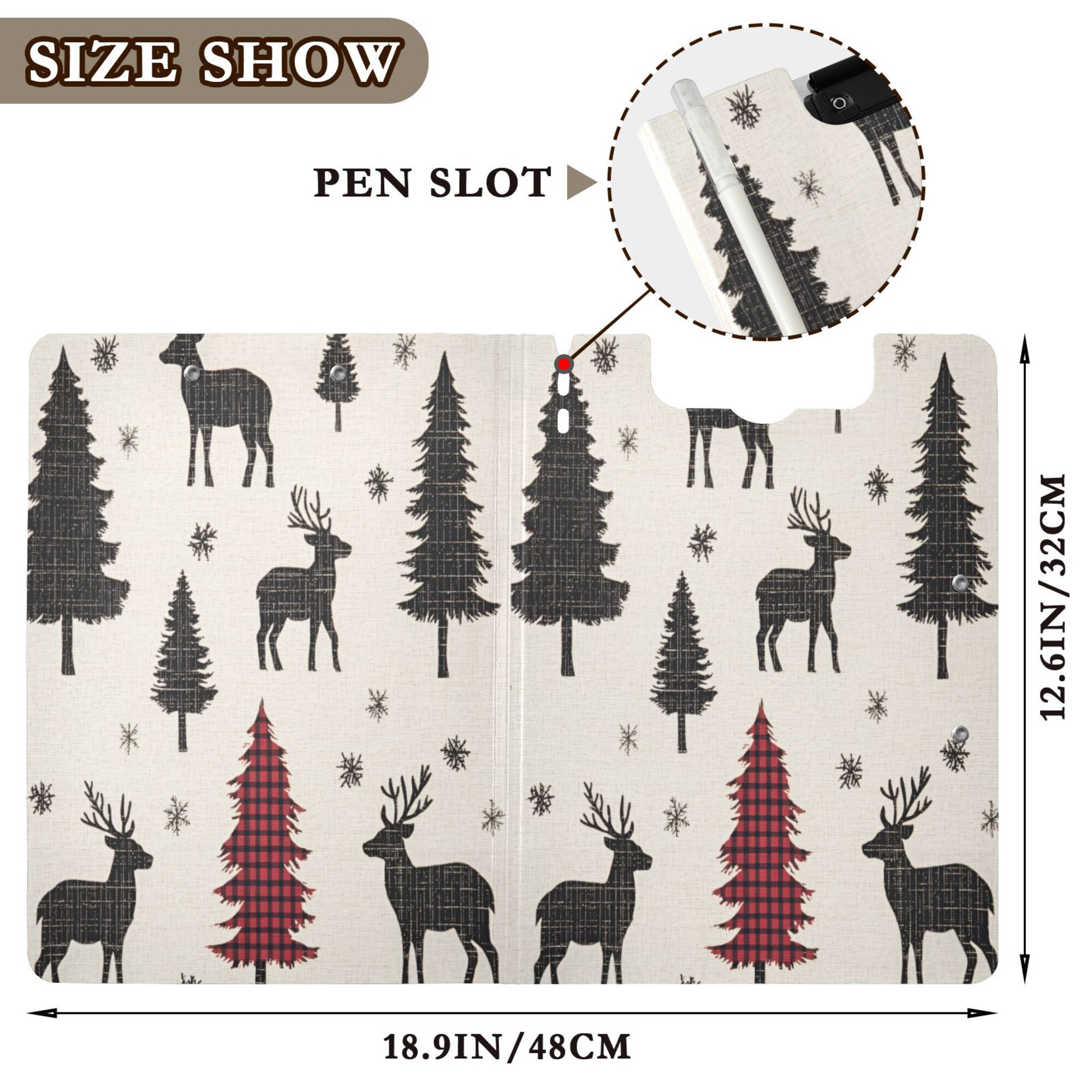 FORMRS A4 Clipboard Folder with Pen Holder Horizontal Foldable School Office Binder, Christmas Plaid Forest