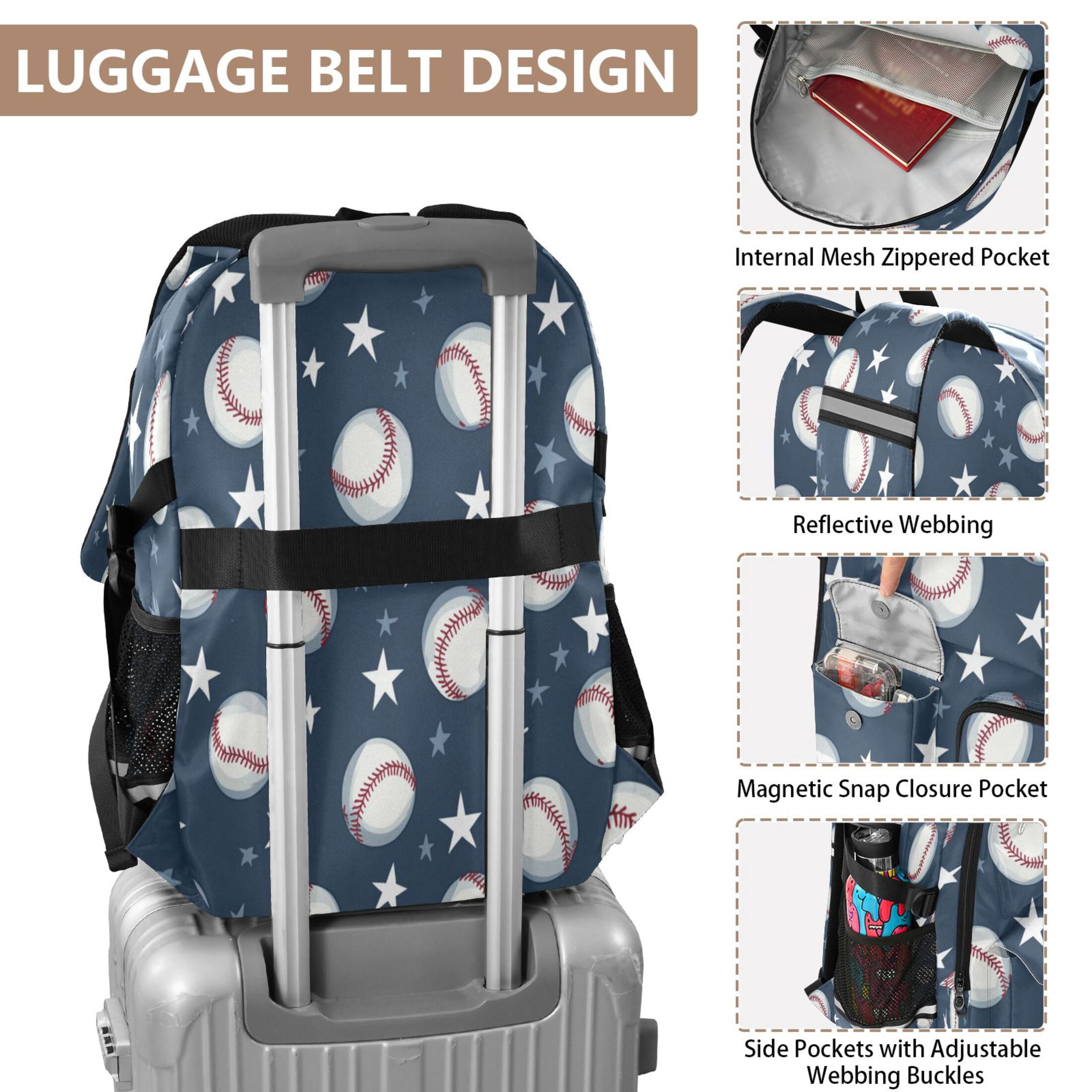 30L Backpack Durable Computer Bag for College & Travel Lightweight Daypack Fits 15.6" Laptop Baseball Stars Pattern