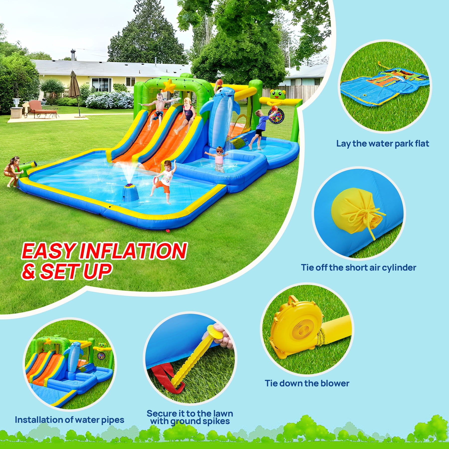 Mintazer 9-In-1 Inflatable Bounce House with Blower, 2 Slides Play Castle with Shower Soak Pool, Sprinkler Fountain, Climbing Wall & Water Gun for Kids
