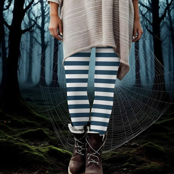 Teyfeniy Blue Womens Halloween Strpped Print Leggings High Waist Fashion Stylish Slim Graphic Yoga Pants Full Length Soft Comfy Casual Athletic Pants