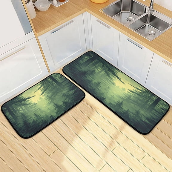 Green Forest 2 Piece Non Slip Kitchen Mat Set with Soft Memory Foam Padding