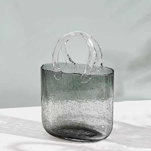 Florero de vidrio soplado a mano con diseño único, florero de vidrio transparente con asas en forma de bolso for decoración