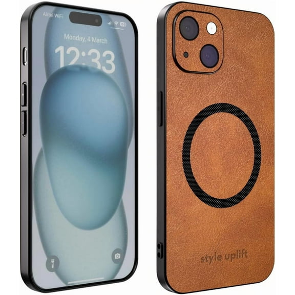 Magnetic Vegan Leather Case for iPhone 15 [Slim Shockproof Design] [Enhanced Camera Protection] [MagSafe & Wireless Charging Compatible] – Premium 6.1-Inch Vegan Leather Cover – Tan Brown