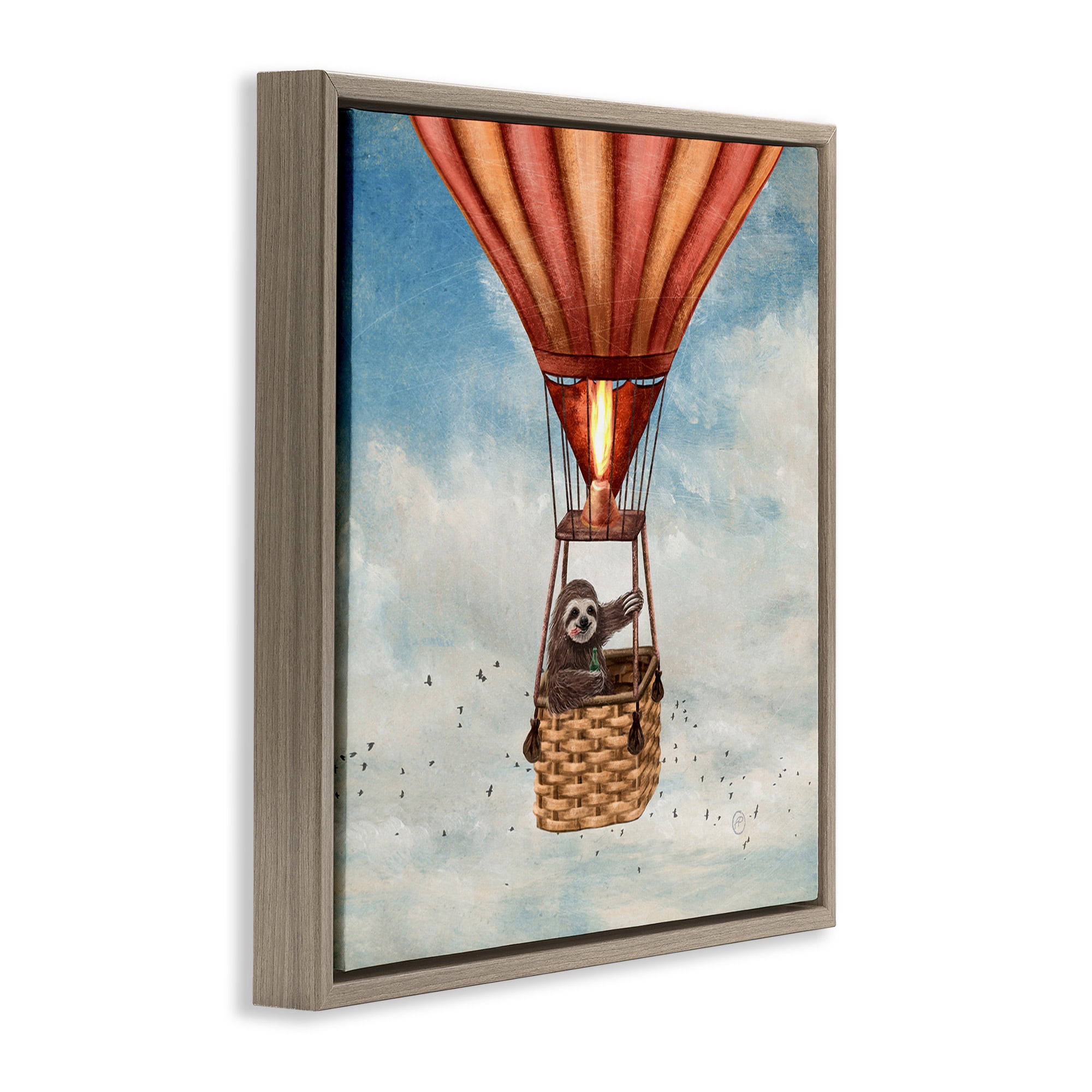 Stupell Industries Sloth in Hot Air Balloon Animals & Insects Painting Brown Floater Framed Canvas Art Print Wall Art, 18 x 18