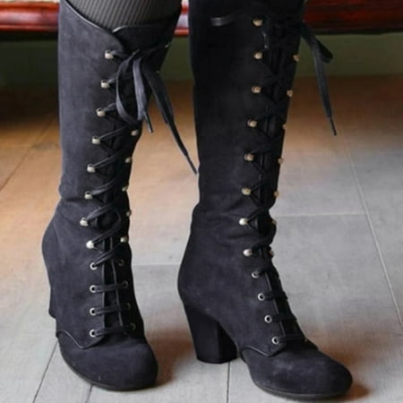 

Foraging dimple Women Fashion Casual Vintage Retro Mid-Calf Boots Lace Up Thick Heels Shoes Black