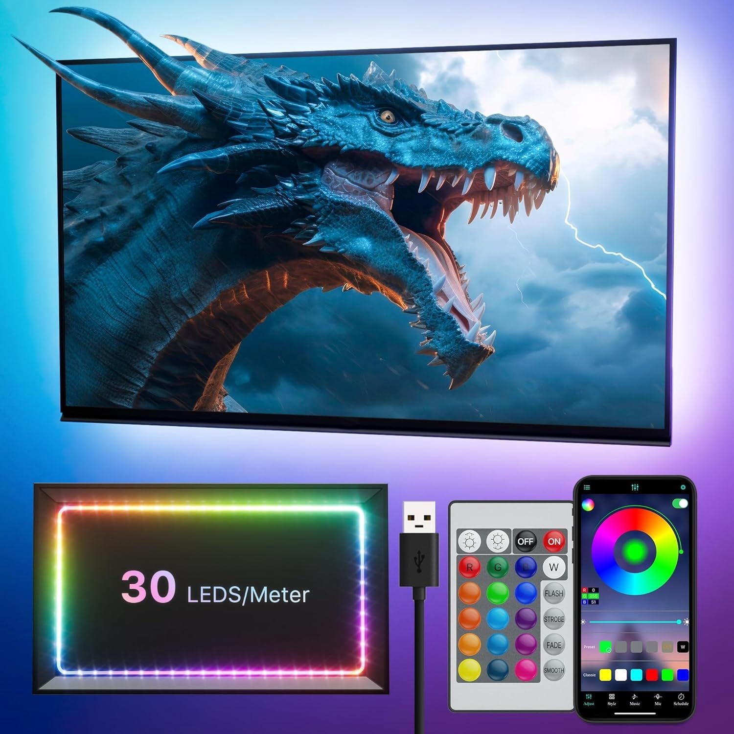 LED Lights for TV, 16.4FT TV Led Lights for 65-75 inch, Cuttable, Music Sync Mode, Color Changing, Bluetooth APP Remote Control TV LED Strip Lights for Bedroom, Gaming Room and Desk