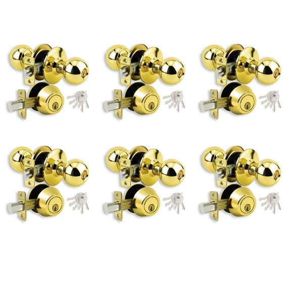 Lot of 6 Brass Finish Grade 3 Combo Lock Set with Entry Door Knob and Deadbolt With 36 KW1 Keys - Boxed Keyed Alike