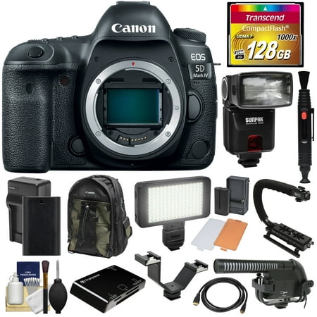Canon EOS 5D Mark IV 4K Wi-Fi Digital SLR Camera Body with 128GB CF Card + Battery & Charger + Backpack + Flash + LED Video Light + Microphone + (Best Cf Card For Canon 5d Mark Iii)