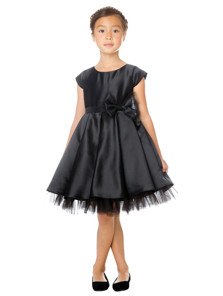 Sweet Kids Little Girls Black Full Pleated Satin Bow Flower Girl