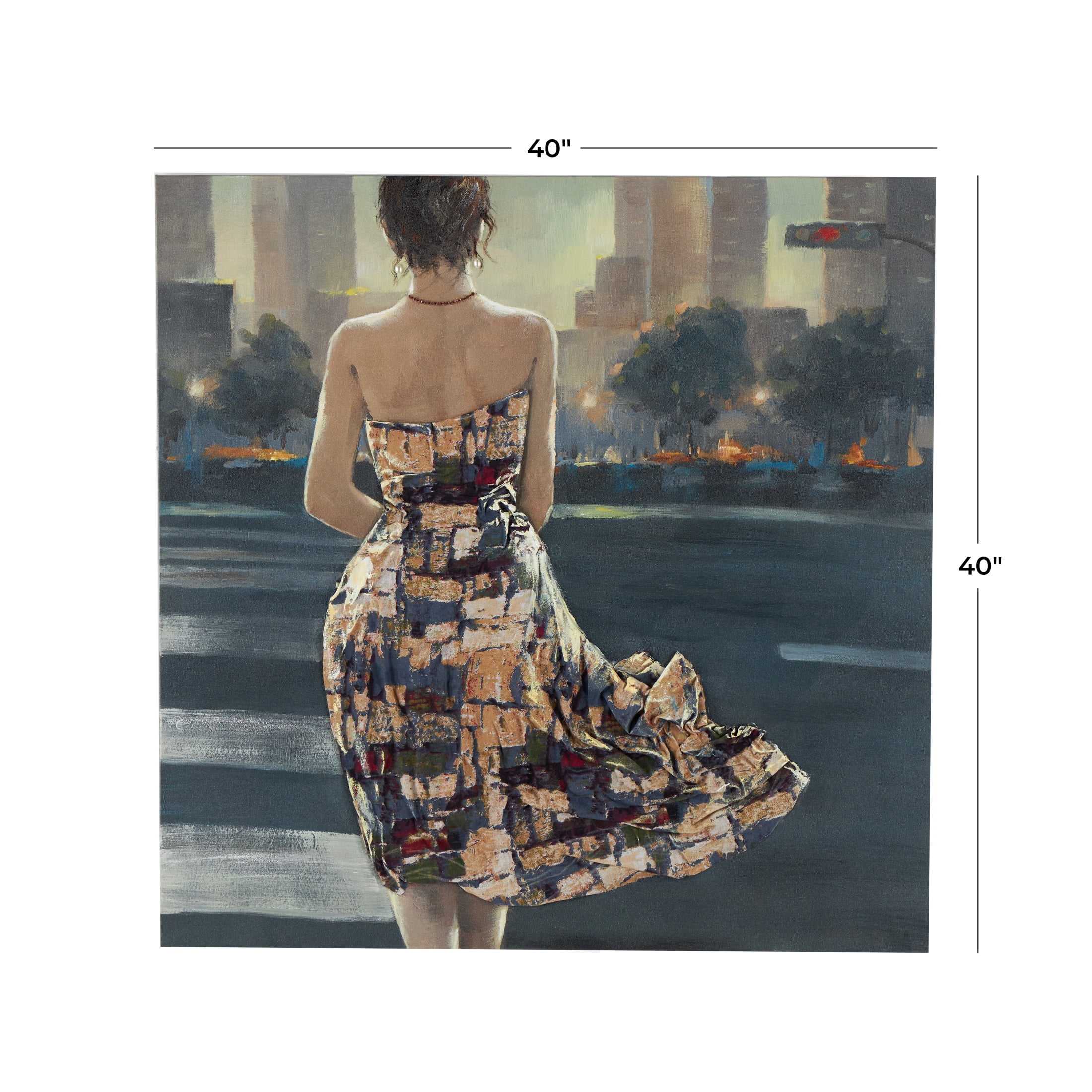 40" x 40" Unframed Woman Wall Art with 3D Multicolor Fabric Dress and Pink Necklace, by DecMode