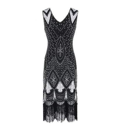 Female High-Quality 1920s Bead Fringe Sequin Embellished Celebration Flapper Gatsby Dress