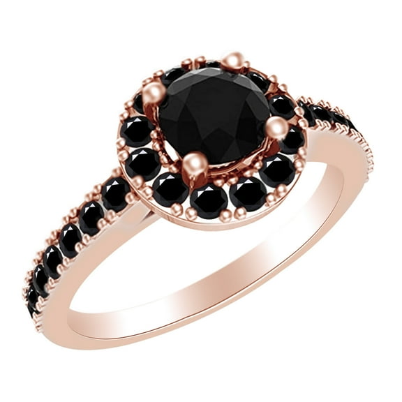 AFFY Round Shape Simulated Black CZ Halo Engagement Ring 14k Rose Gold Over Sterling Silver (1 Cttw)