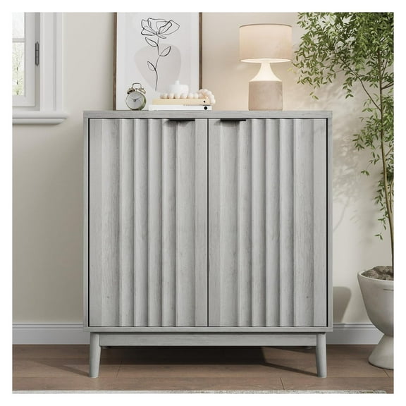 Fluted Sideboard Cabinet, Wash Grey Buffet with Adjustable Shelf - Living Room, Hallway Storage