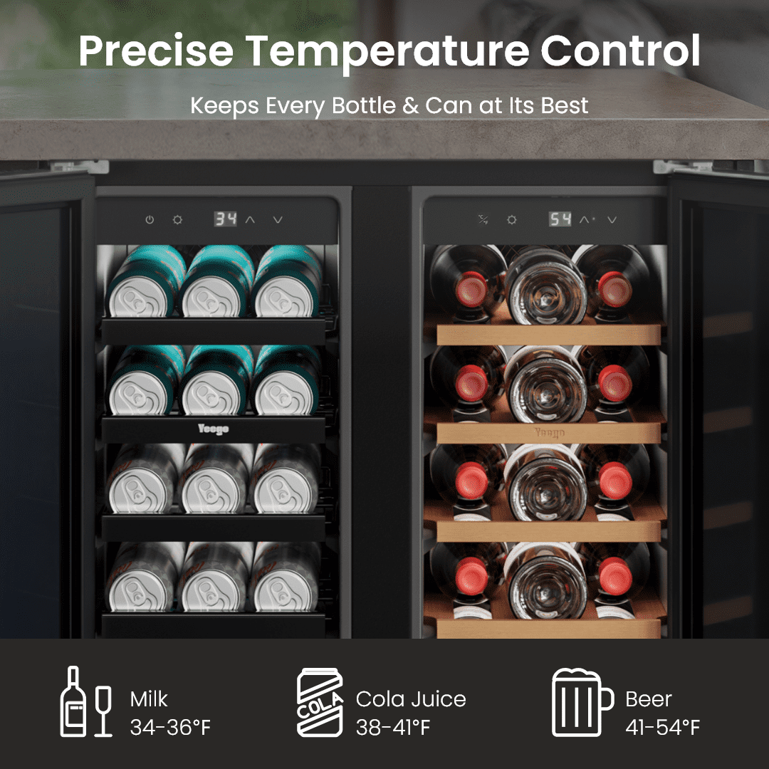 Yeego 24" Built-in Beverage Cooler, Dual Zone 116L/4.1Cuft, 20 Bottles & 60 Cans, Outdoor Rated 304 Stainless Steel Refrigerator with Adjustable Shelves, Lock, 34-65℉, for Home/Bar/Patio