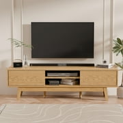 Tolead 59" Mid - Century Modern TV Stand  Natural Wood Low Profile Media Console with Sliding Fluted Doors for 55/60/65 Inch TVs, Stylish Entertainment Center for Living Room & Bedroom