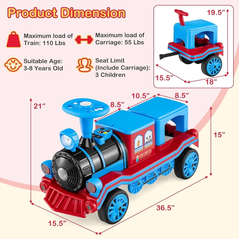 Olakids, Kids Ride on Train, 12V Electric 3-Seater Blue with