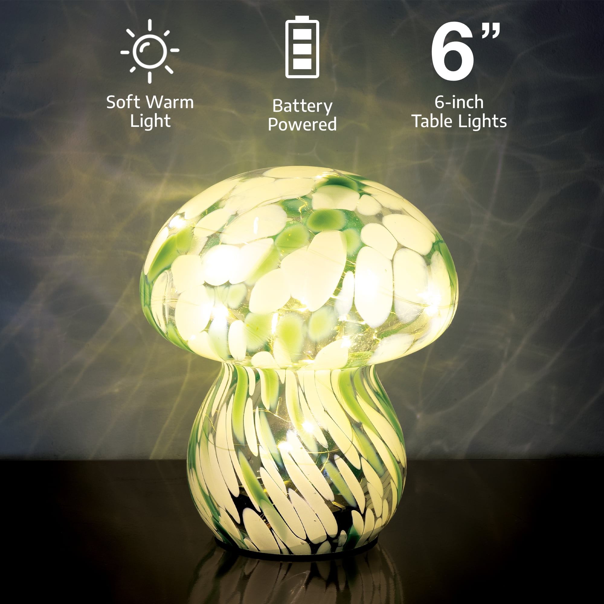 BrightSide Mushroom Confetti Glass Lamp - Sage/White, Battery-Powered Fairy Lights