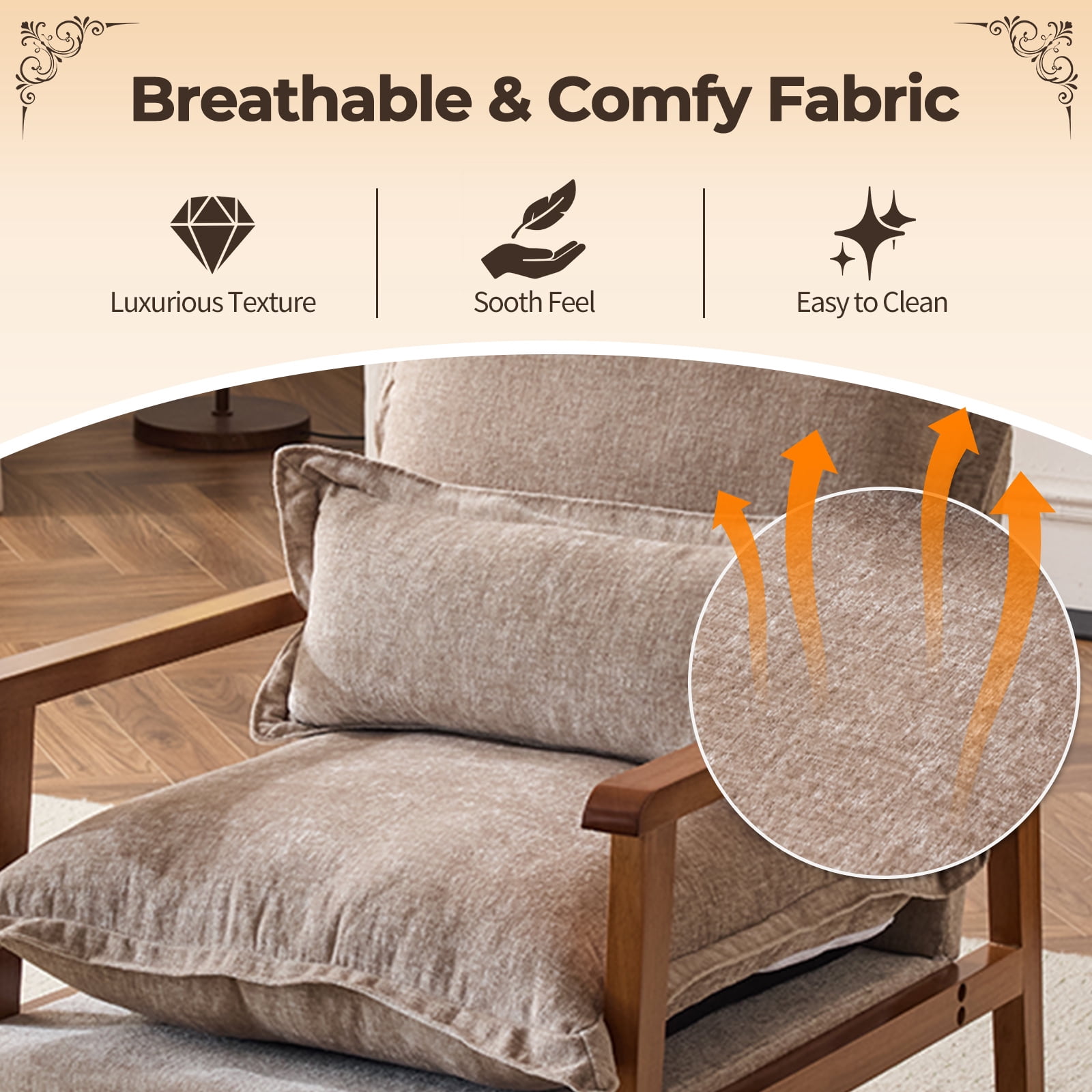 Cloud Shaped Indoor Leisure Chair with Solid Wood Armrest, Chenille Fabric Accent Chair with Lumbar Pillow, Khaki