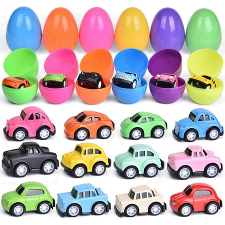 Fun Little Toys 12 PCS Filled Easter Eeggs with Alloy Pull Back Cars Easter Basket Stuffers Bulk Prefilled Easter Eggs with Small Toys Inside Party Favors for Kids Toddler Boys and Girls