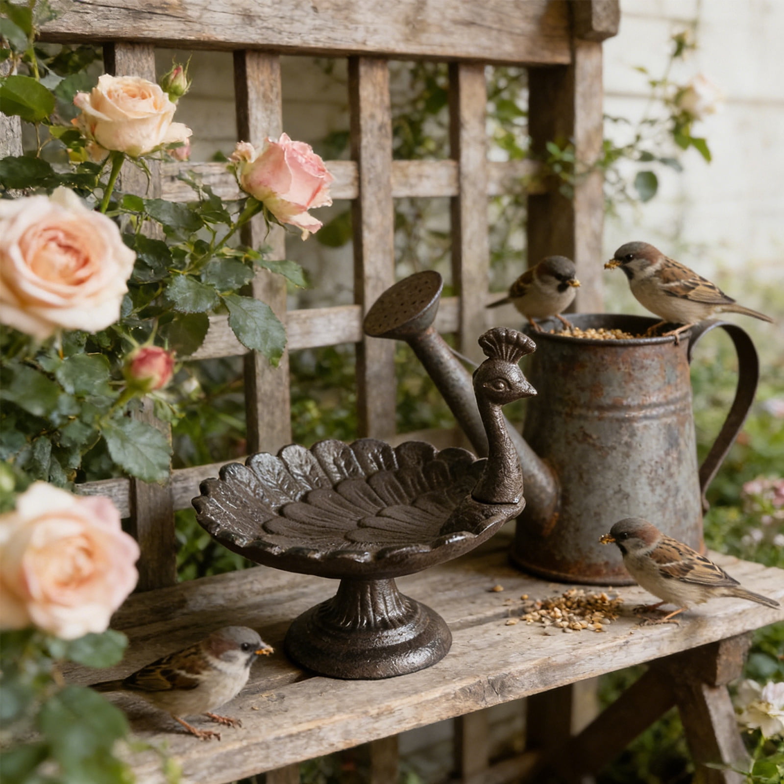 Cast Iron Bird Baths for Outdoors, Cast Iron Bird Feeder, Metal Bird Bath, Vintage Peacock Shape, Home Garden Lawn Yard Table Decorations