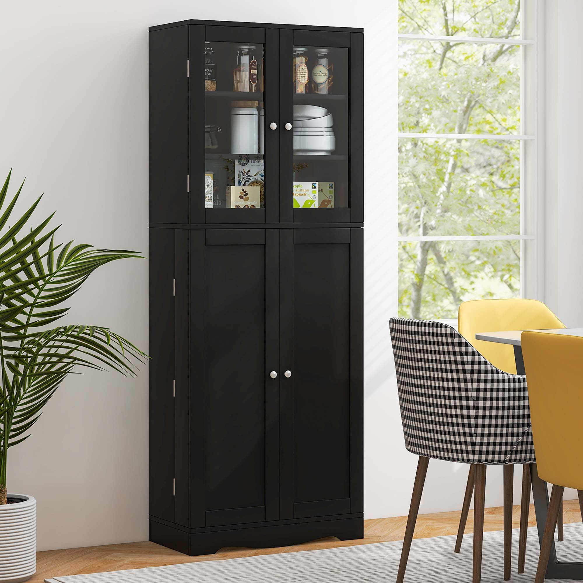 Costway 63.5" Tall Kitchen Pantry Storage Cabinet with Glass Door Storage Shelves Black