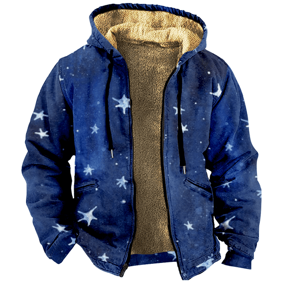 Stars Printed Zipper Hoodie Men's Long Sleeve Jacket Fashion Streetwear Thickened Winter Coat
