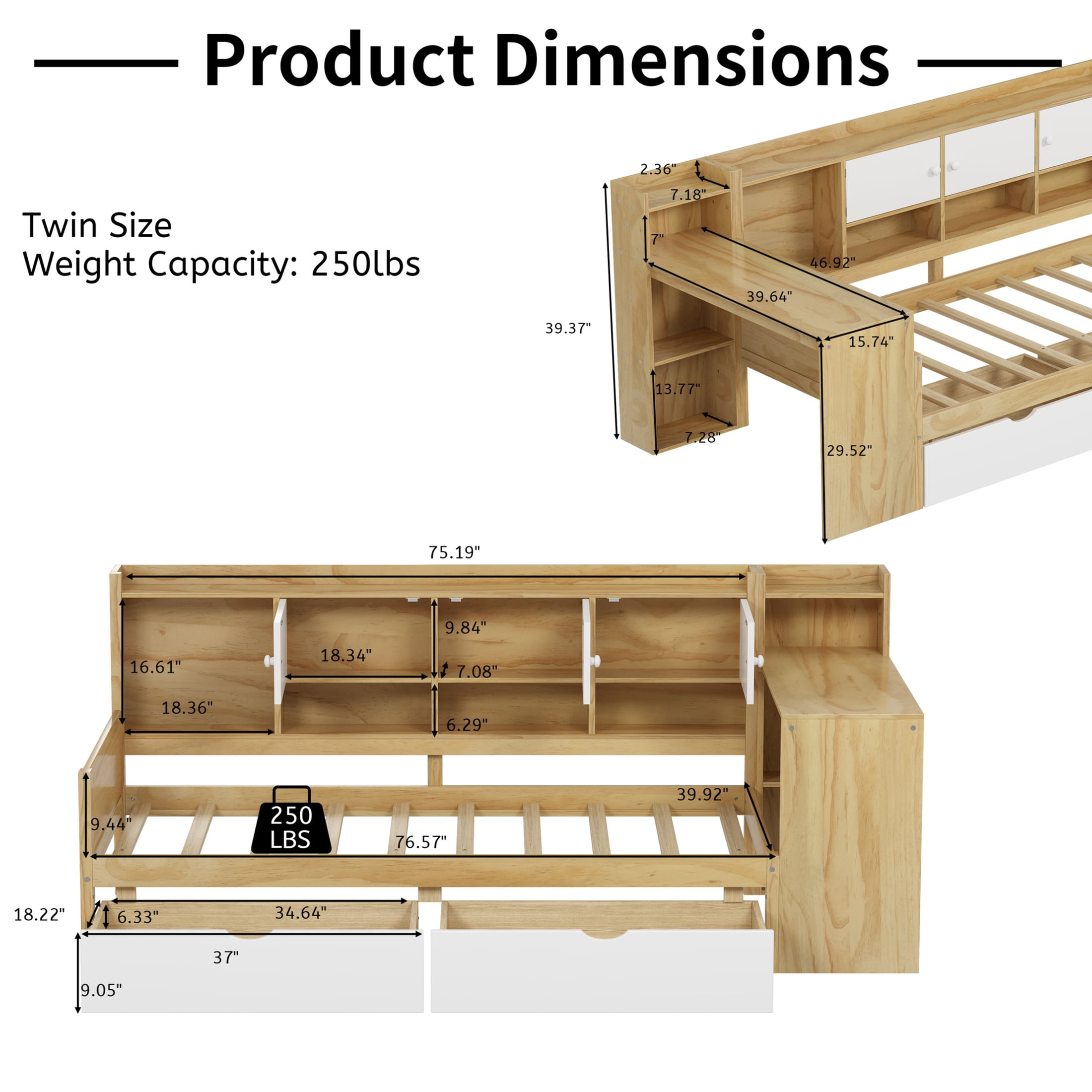 Noble House L-Shaped Twin Daybed with Storage Shelves, Desk and 2 Drawers, Natural + White
