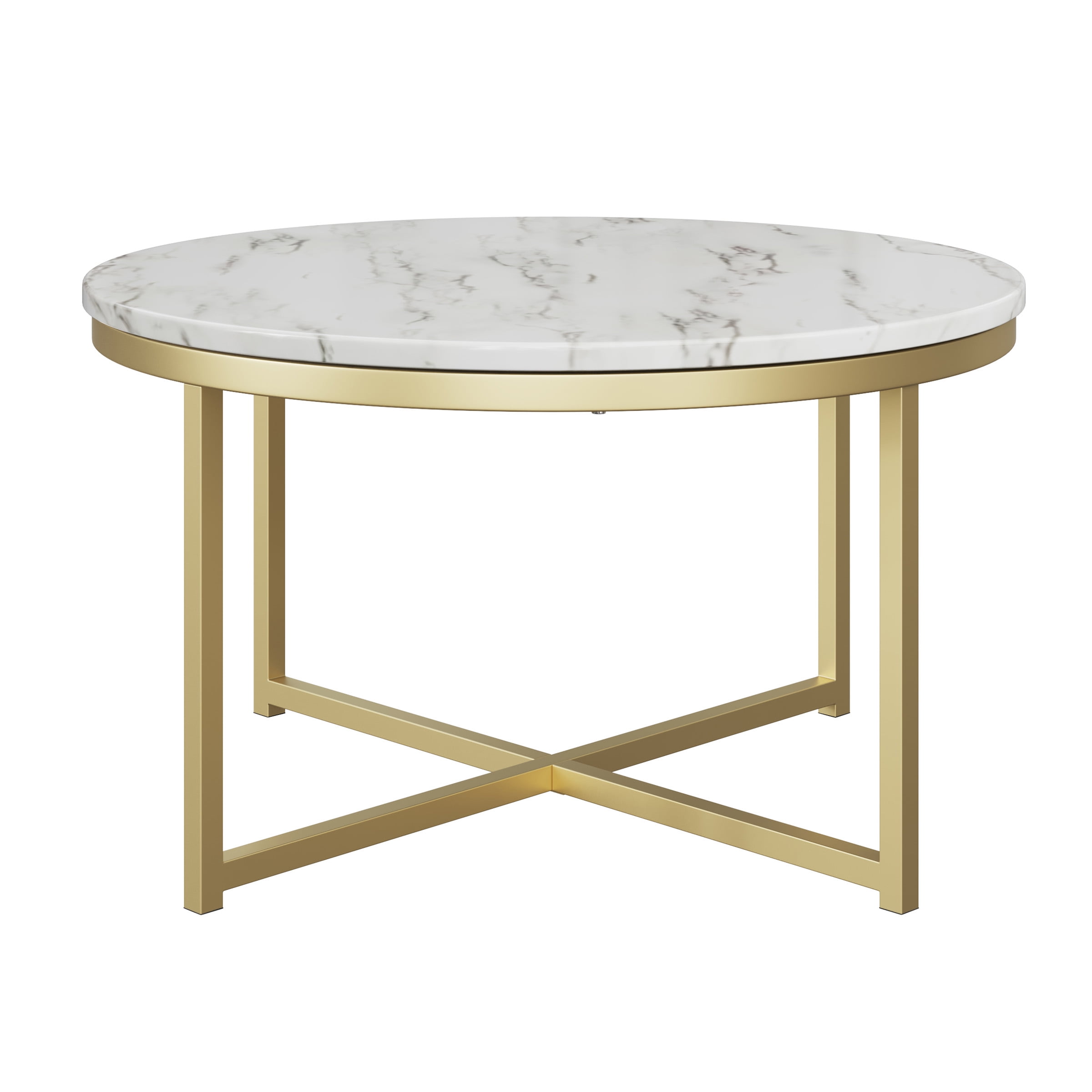Lavish Home Round Coffee Table for Living Room, Faux Marble Top Center Table with Metal Crossbeam Base, White/Gold