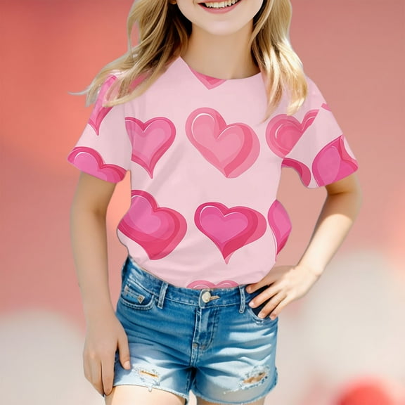 SNKSDGM Girls Cute Shirts for Girls 9-10 Girls Shirts Size 7-8 Green Children's Valentine's Day Fashion Printed Short Sleeved Top 4-5 Years
