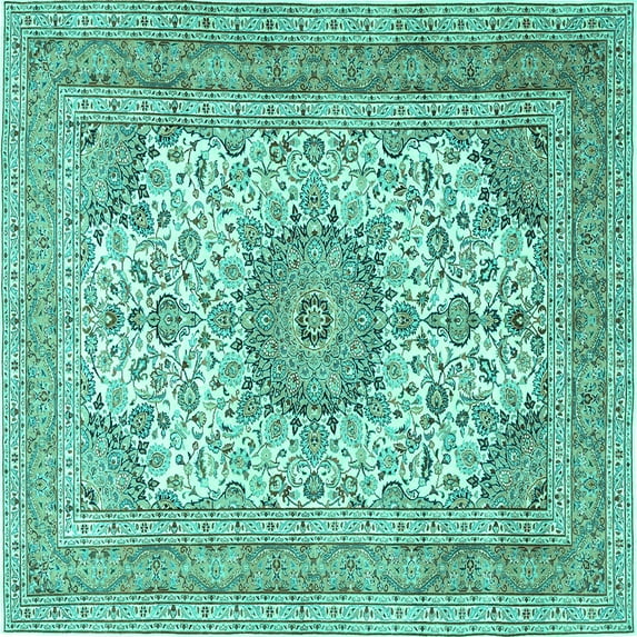 Ahgly Company Machine Washable Indoor Square Medallion Turquoise Blue Traditional Area Rugs, 5' Square