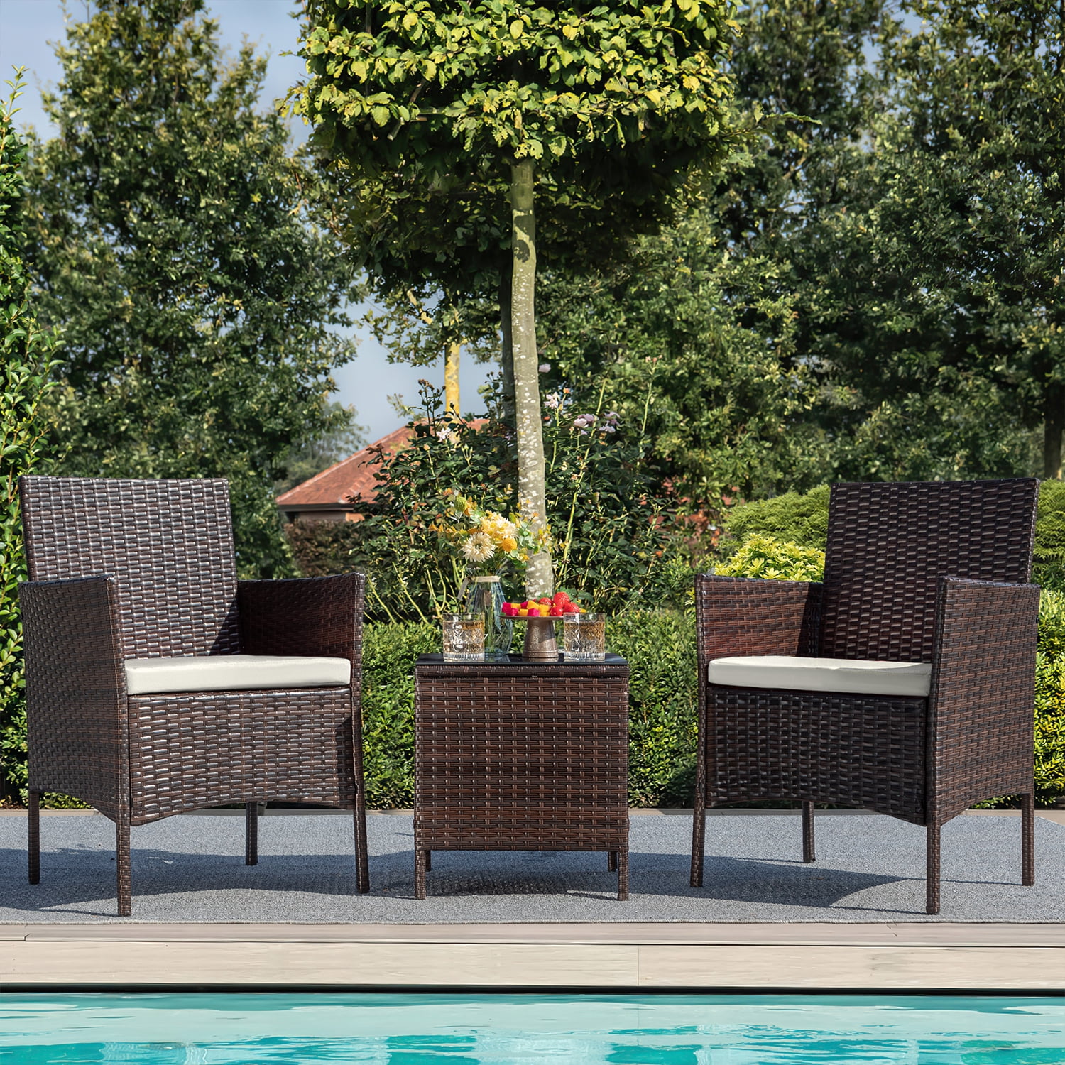 Homall 3 Pieces Patio Furniture Set Outdoor PE Rattan Wicker Patio Conversation Set Bistro Set with Tempered Glass and Cushioned Chairs, Brown/Beige