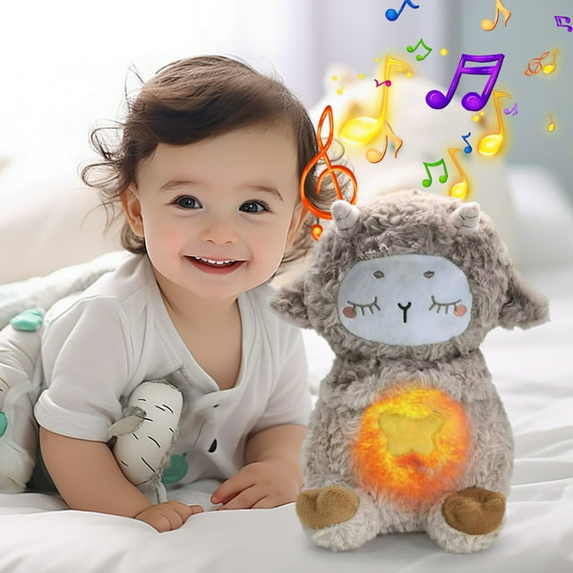 Cordero de peluche para aliviar la ansiedad, cordero con aliento, cordero relajante para dormir con luces, música y movimiento, muñeca de educación temprana