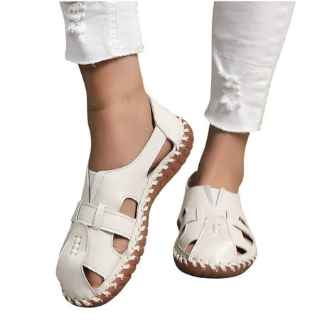 

AOOCHASLIY Independence Day Shoes Genuine Leather Flat Sandals Floral Hollow Shape Soft Soles Comfortable Flat Bottoms Sport Casual Solid Color Sandals