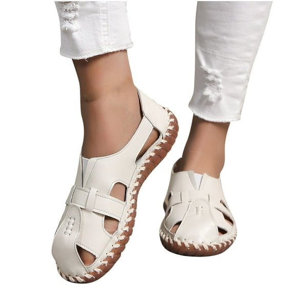 Kayannuo Shoes for Women Summer Womens Fashion Genuine Leather Flat Sandals Floral Hollow Shape Soft Soles Comfortable Flat Bottoms Sport Casual Solid Color Sandals